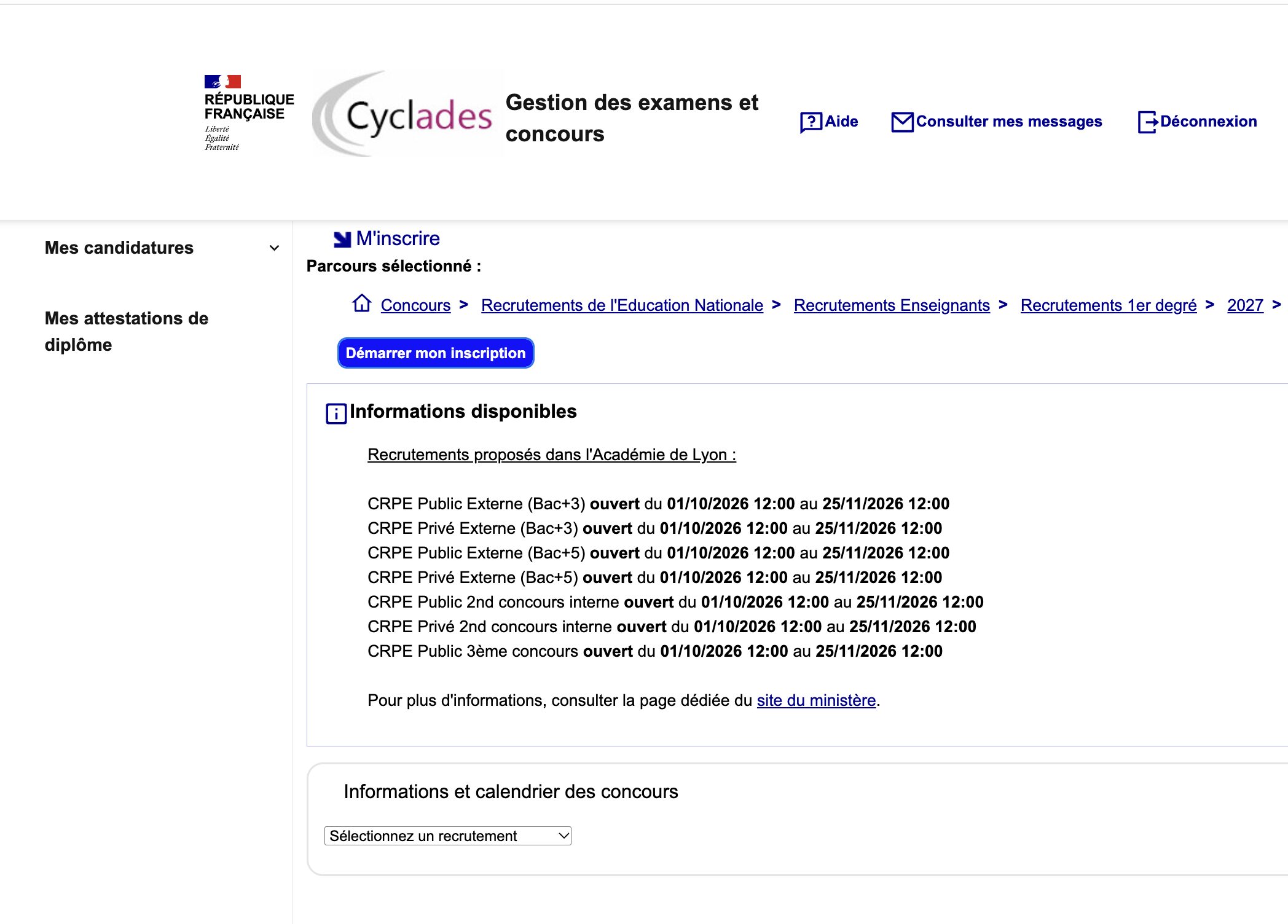 Liste des concours CRPE 2027 ouverts dans l'académie de Lyon