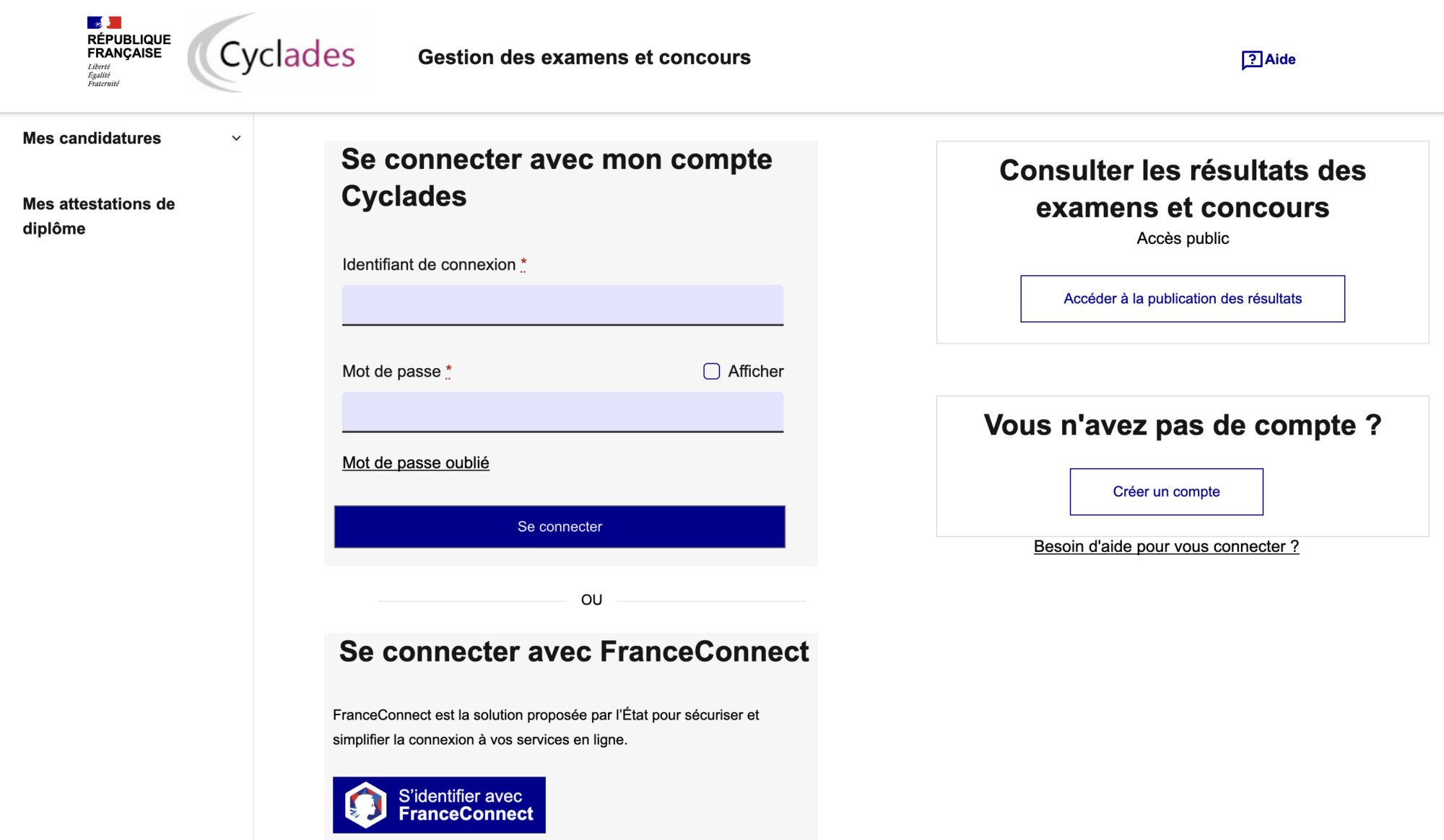 Page de connexion Cyclades pour l'inscription au CRPE