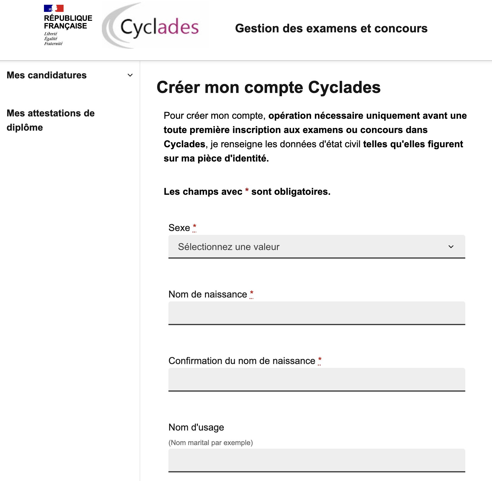 Formulaire de création de compte Cyclades