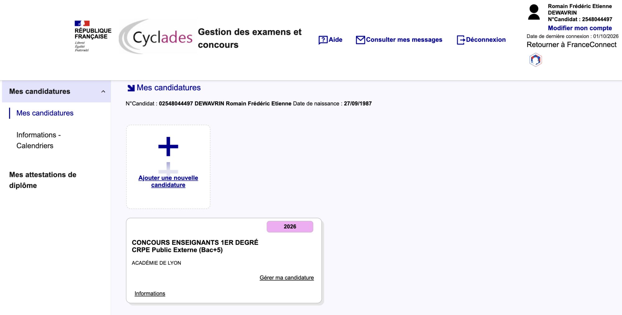 Espace Mes candidatures sur Cyclades